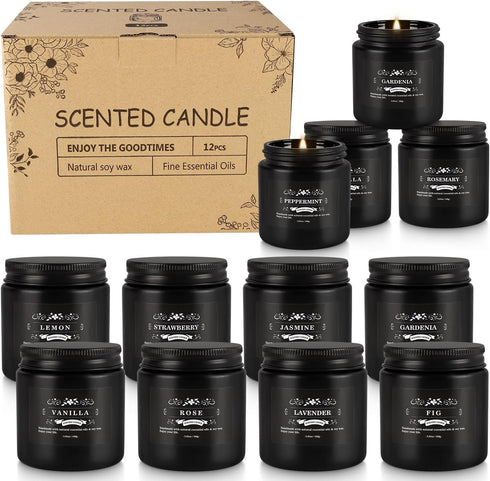 Set 12 Pack,Black, Set Howemon Scented Candle Candle for Home Scented, Odor Eliminating, Stress Relief, Long Lasting