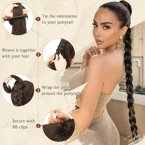 Sofeiyan Long Braid Ponytail Extension, Straight Sleek Wrap Around Hair Extensions for Women Daily Wear, 2Pcs