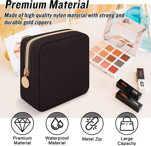 Iqimott Nylon Mini Makeup Bag, Preppy Small Cosmetic Pouch, Waterproof Zipper Purse for Women and Girls