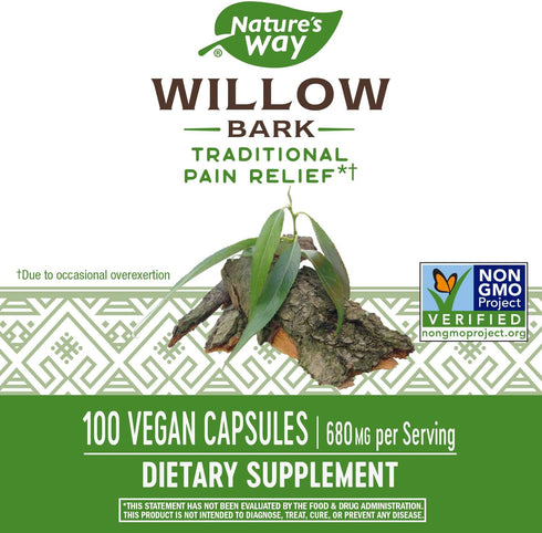 Nature's Way Willow Bark, Traditional Relief of Discomfort Due to Occasional Overexertion*, Non-GMO Project Verified, 680 mg per Serving, 100 Vegan Capsules