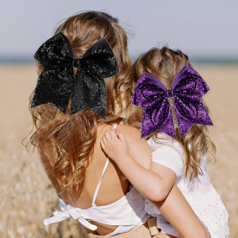 Large Big 7 Inch Glitter Bow Clip Sequin Bling Party Hair Accessories for Women Teens Girls Kids 2 Pcs (DarkPurple, Black)