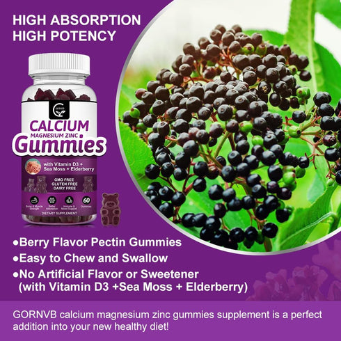 Calcium Magnesium Zinc Gummies with High Absorption Magnesium Glycinate, D3 Sea Moss for Bone & Immune Support - 2 Pack