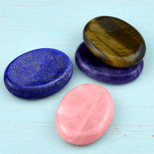 Marrywindix 4 Packs Natural Thumb Worry Stone Set - Pink Crystal Amethyst Tiger Eye for Anxiety Relief