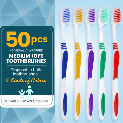 50 PCS Bulk Toothbrush Pack, Premium Quality, Individually Wrapped, Colorful, Medium Soft Bristles for Travel