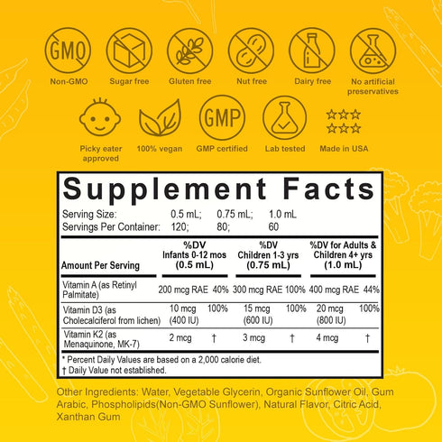 Nuvamin Liquid Liposomal Vitamin A & D3 Drops with K2, 800 IU/mL, 2 Fl.Oz (60ml), 120 Daily Serving, Lemon Flavor