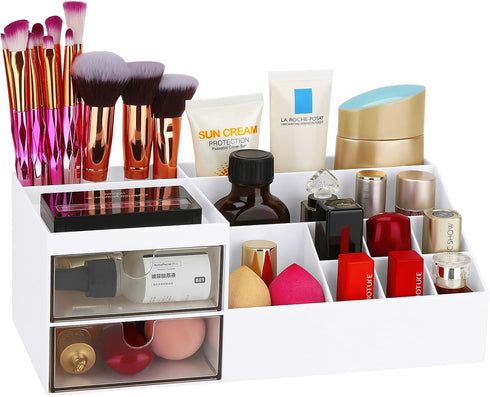 LETURE Makeup Vanity Organizer Box, Desk Organizer for Cosmetic Storage - Bathroom Counter Makeup for Eyeshadows,
