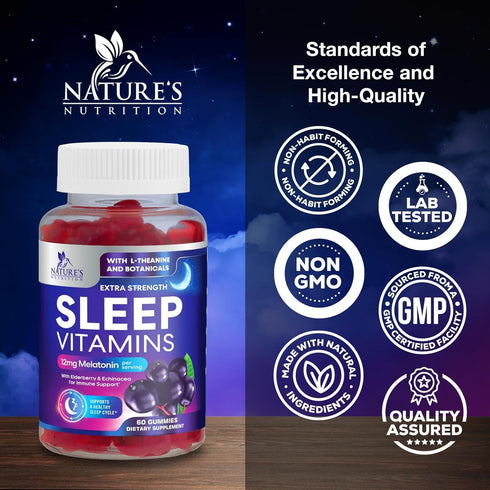 Sleep Vitamins, Fast Acting, Natural Sleep Gummy Supplement for Adults, 60 Gummies, 12mg Melatonin, Chamomile & Zinc