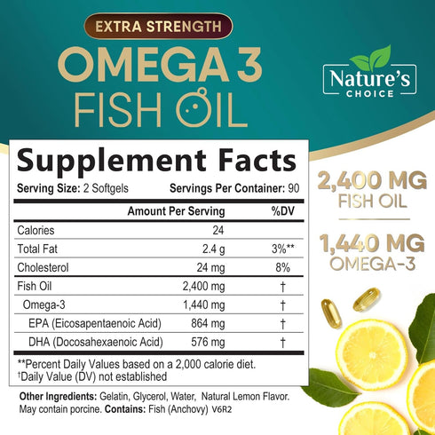 Triple Strength Omega 3 Fish Oil 2400 mg Supplement, Nature's Omega-3 Supplements, Brain & Heart Health Support - EPA & DHA, Fish Oil in Each Softgel, Fatty Acids Fish Oil Supplement - 180 Softgels