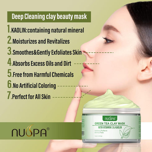 Organic Green Tea Clay Face Mask - Wash Off Repairing Facial Mask for Anti Wrinkle & Dark Circle Treatment