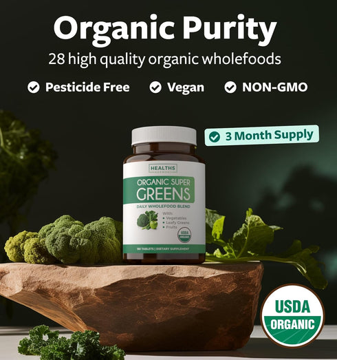USDA Organic Greens Powder (180 Tablets) Complete Superfood Supplement with 28 Fruits & Vegetables for Energy & Immune