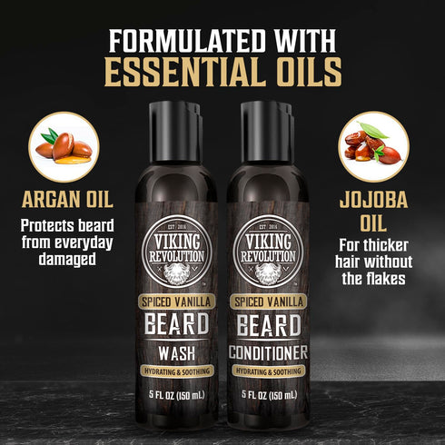 Viking Revolution Beard Wash & Conditioner for Men, Spiced Vanilla with Argan Oil & Jojoba Oil, 5oz Beard Care