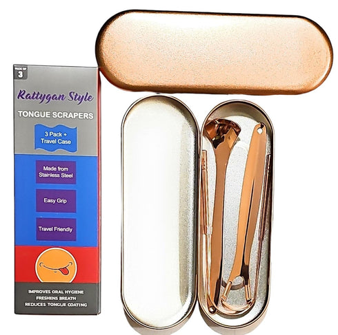 Metal Tongue Scrapers, 3 Piece Set 304 Stainless Steel with Storage Case
