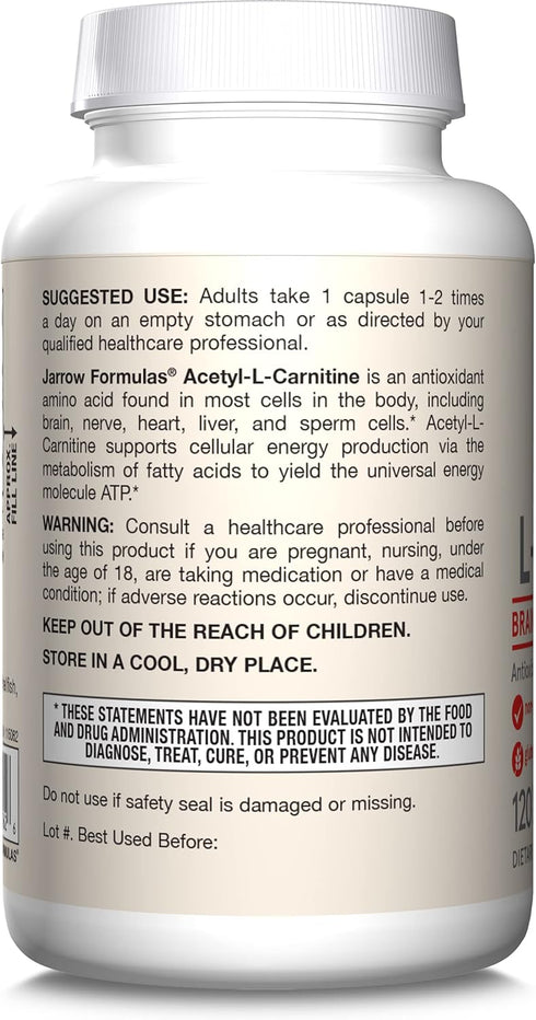 Jarrow Formulas Acetyl L-Carnitine 500mg, Dietary Supplement, 120 Veggie Capsules, Brain Health Support