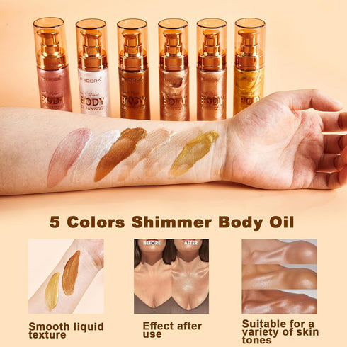 PHOERA Body Shimmer Oil, Bronzer Shimmer Highlighter with Body Makeup Brush, Self Tanning Lotion, 1oz/Jars (2PCS 103
