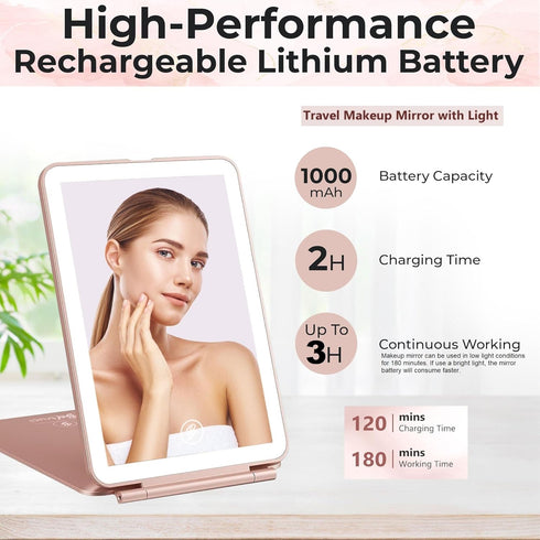 Portable Rechargeable Travel Makeup Vanity Mirror - Dimmable LED Lights, 3 Lighting Modes, Rose Gold