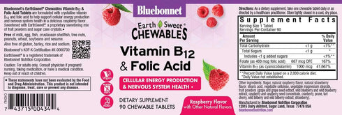 BlueBonnet Nutrition Earth Sweet Vitamin B12 & Folic Acid Chewable Tablets, Soy-Free, Gluten-Free, Raspberry 90 Count (Pack of 1)