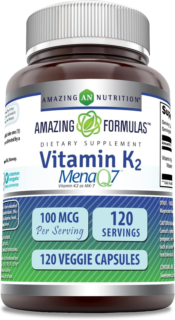 Amazing Formulas Vitamin K2 Menaq7 MK7 Supplement - 100 Mcg, Veggie Capsules, 120 Count