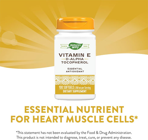 Nature’s Way Vitamin E D-Alpha Tocopherol, 268 mg per serving, Antioxidant, Essential Nutrient for Heart Muscle
