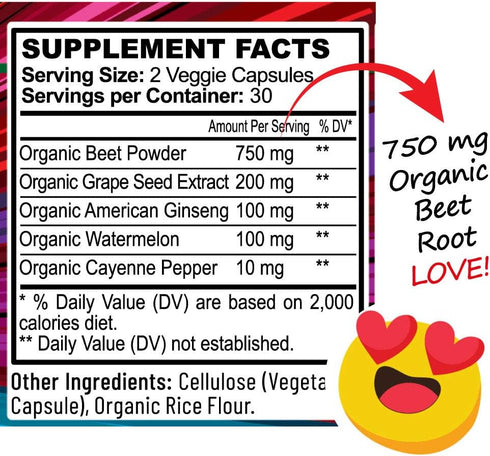 Beet Root Capsules 60 Count - Heart-Healthy Energy with Grape Seed Extract & Ginseng - Vegan Circulation Support