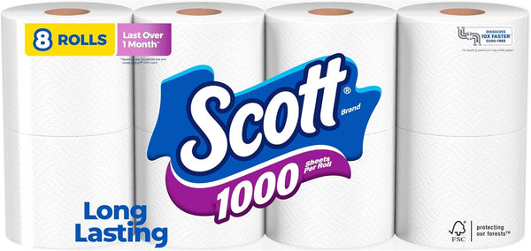 Scott 1000 Toilet Paper, 8 Rolls, 1-Ply Toilet Tissue, Septic-Safe