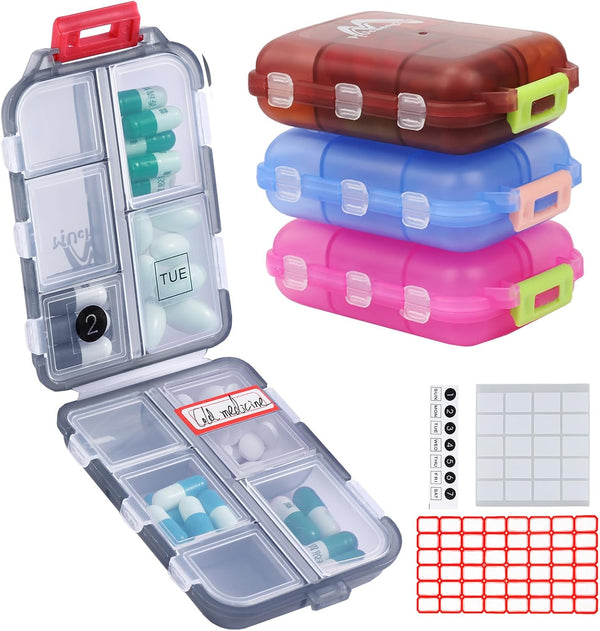 4PS Travel Pill Organizer with 164 Slice Labels, 10 Compartments, Portable Folding Small Pill Case