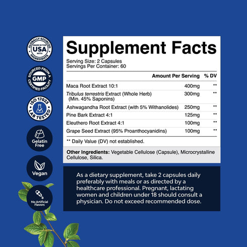 Potent Black Maca Root Capsules for Men - Herbal Wellness Supplement with Siberian Ginseng Ashwagandha and Black Maca Root - Men’s Wellness Supplement to Support General Health (60 Servings)