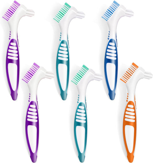 6 Pcs Denture Brush Set for False Teeth, Double Sided Design Denture Cleaning Brush with Soft Bristles, 4 Colors