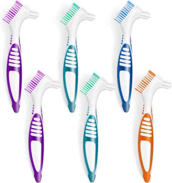 6 Pcs Denture Brush Set for False Teeth, Double Sided Design Denture Cleaning Brush with Soft Bristles, 4 Colors
