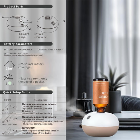 Set 6 Waterless Rechargeable Scent Diffuser Hotel Collection Diffuser with Hotel Essential Oils Two Intensity Modes