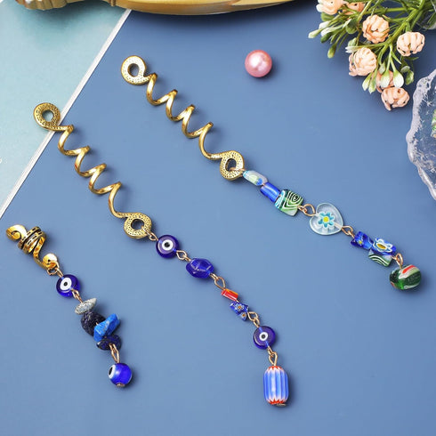 Holibanna 3pcs Hair Braid Rings, Blue Evil Eye Hair Jewelry Dreadlock Long Gold Metal Spiral Coil Beads