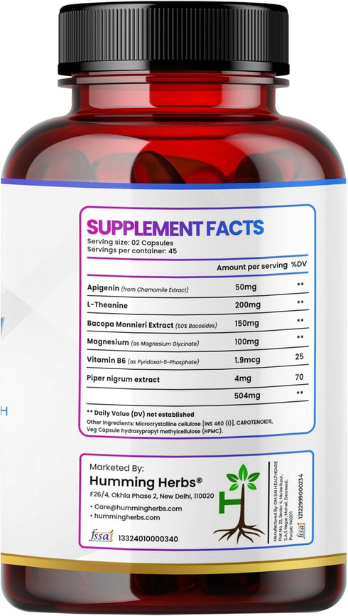 Humming 504mg 6-in-1 B6, 90 Herbs Apigenin Brain & Wellness Supplement with L-Theanine, Bacopa, Magnesium, Vitamin