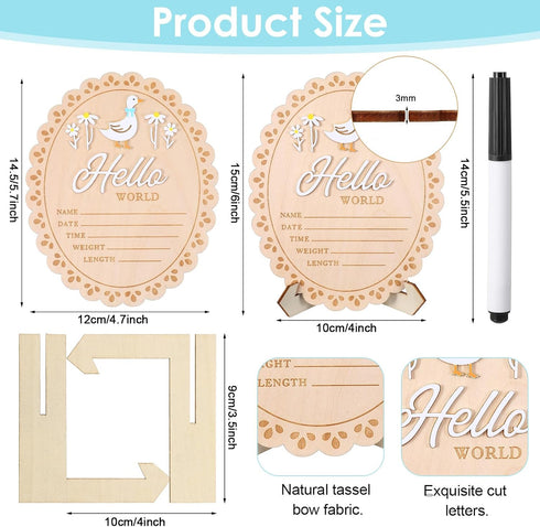 Tucnoeu Baby Announcement Sign, Wooden Hello World Newborn Welcome Sign, Hes Here Card Birth Stats Signs Newborn Photo