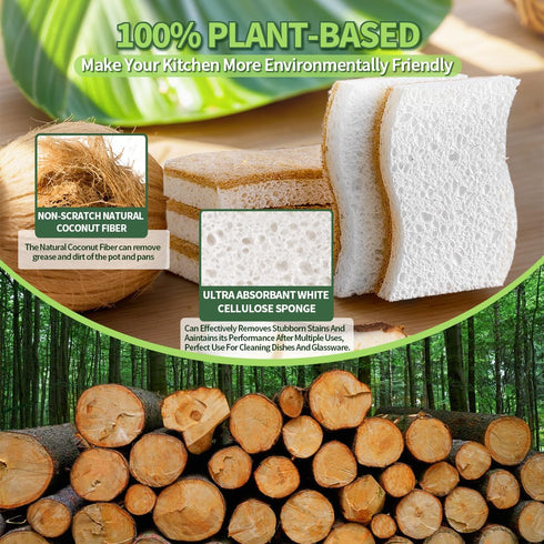 PUCITY DishesPack 24 Sponges Kitchen Natural Dish Sponge Plant-Based Biodegradable Compostable Cellulose with Coconut