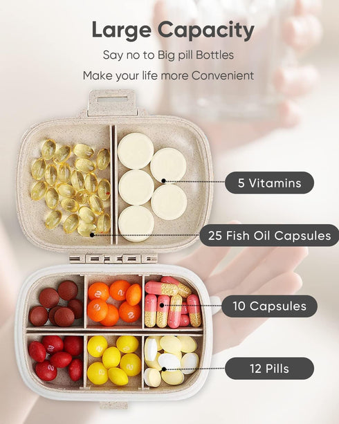 Holii Portable Travel Pill Organizer, 8 Compartments Daily Pill Box for Vitamins, Small Pill Container for Pocket Purse
