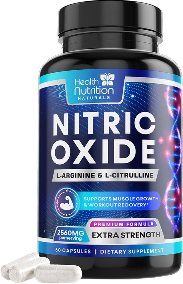 Extra Strength Nitric Oxide Supplement, L Arginine 3X Strength, 60 Capsules for Energy & Strength