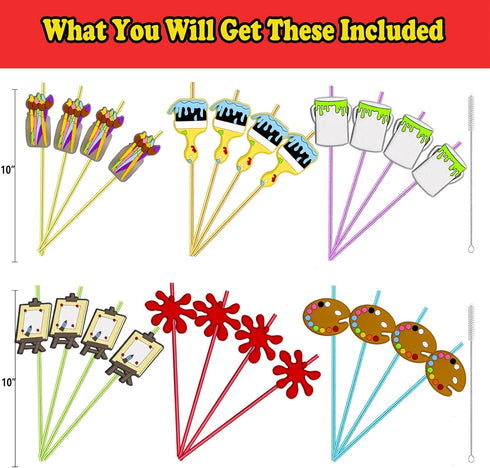 24pcs Art Painting Character Cocktail Drink Straws and Brushes for Birthday Party Supplies, Welcome Back to School