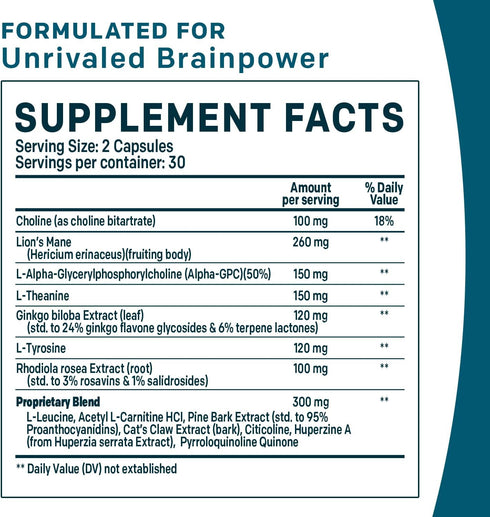 14-in-1 Lions Mane Supplement Capsules - Nootropic Brain Support with Ginkgo Biloba, 1300mg per Serving