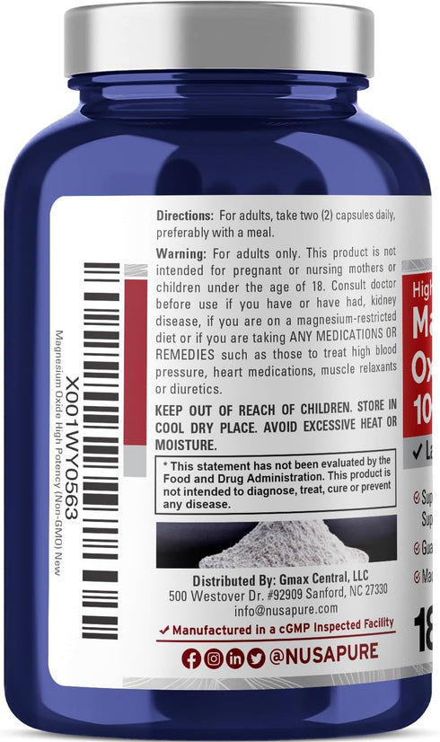 NusaPure Magnesium Oxide 1,000mg per Serving, 180 Veggie Caps (Non-GMO, Vegan)
