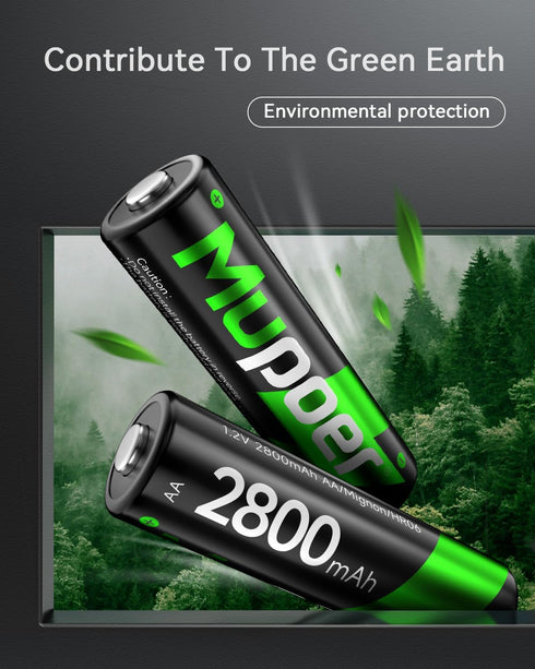 Mupoer 4 Pack, 2800mAh 2A 1.2V Rechargeable AA Batteries Ni-MH High Capacity Battery, Double A Low Self Discharge