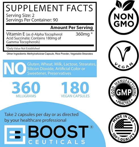 BoostCeuticals Vegan Vitamin E Gamma Tocopherol, 180mg Per Serving, Antioxidant Immunity Support, 180 Capsules