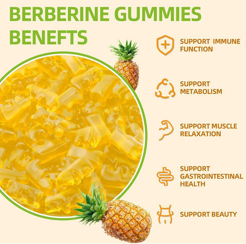 Berberine Gummies with Ceylon Cinnamon 1500mg - High Potency Immune & Metabolism Support, Sugar Free Pineapple Flavor -