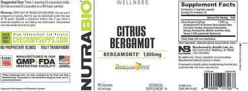 NutraBio Citrus Bergamot Bergamonte Extract Supplement - 1,000mg for Cardiovascular Health, 90 Capsules