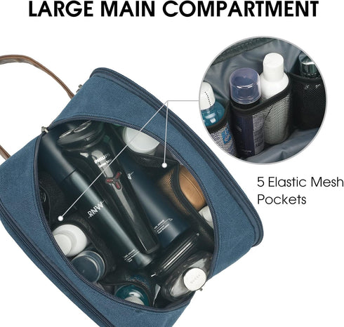WANDF Travel Toiletry Bag for Men - Leather and Canvas Dopp Kit, Small Bathroom Bag for Travel Accessories (Blue)