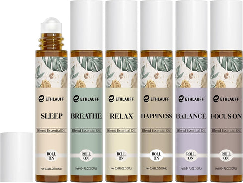 Essential Oils Roll On Set 6 Pack - Relax, Sleep, Balance, Breathe, Focus, Happiness - Aromatherapy Oil Blends.