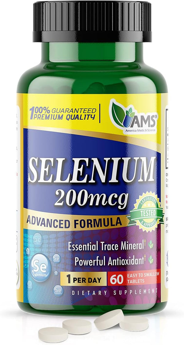 America Medic & Science Selenium 200 mcg, Pure Dietary Supplement for Immune Support, 60 Tablets