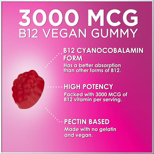B12 Energy Gummy, Extra Strength 3000 mcg Vitamin B12, Chewable Supplement for Adults & Kids, Immune System Support,