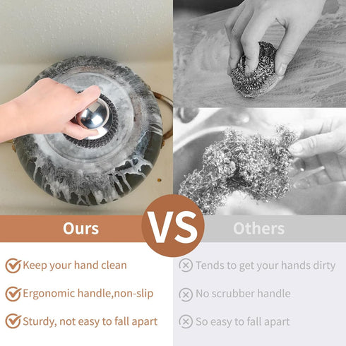 4pcs Steel Wool Scrubber Set, Stainless Steel Scrubber with Handle for Cast Iron, Pots, Pans, Sink