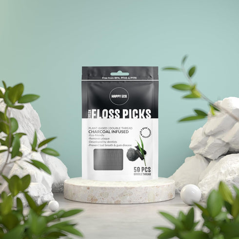 Biodegradable Floss Picks (200pcs) - Nontoxic Plant Based Dental Floss - Vegan Charcoal Floss Sticks for Adults & Kids
