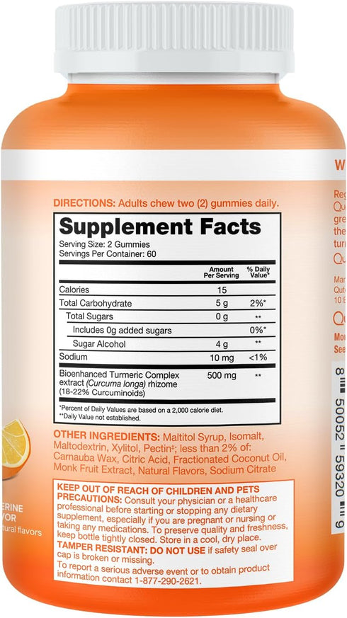 Qunol Zero Sugar Turmeric Gummies, 120 Count with 500mg Turmeric Curcumin for Joint Support