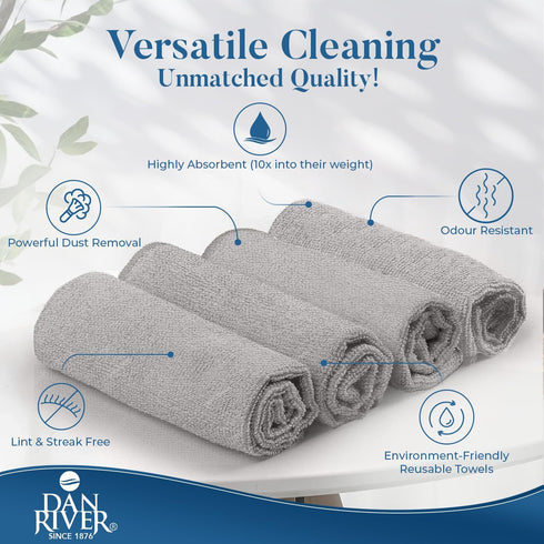 DAN RIVER Microfiber Cleaning Cloth - 12 Pack Economy Bundle, Soft & Absorbent Towels for Cars, Glasses, House, Kitchen
